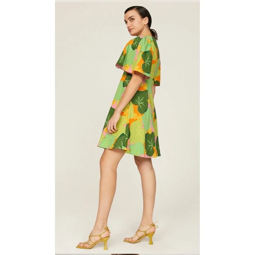 Kate Spade New York Cucumber Floral Swing‎ Dress Green Orange Pink V-Neck Mini 0